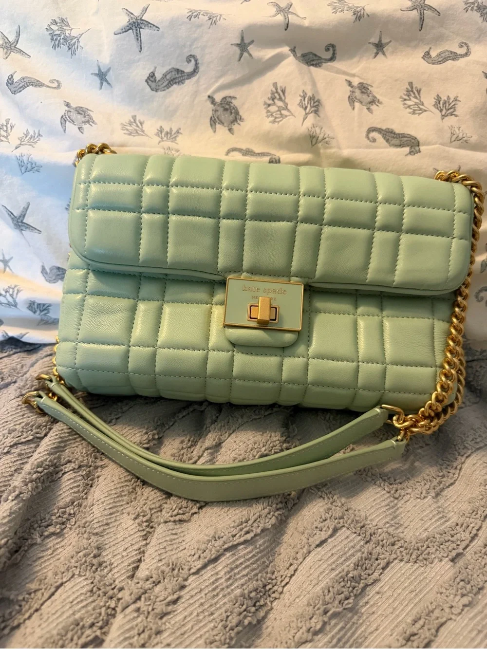 Kaye Spade Evelyn Pistachio Green Quilted bag w/Gold chain & hardware
